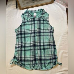 No Boundaries size XL mint green and navy blue plaid button up tank top